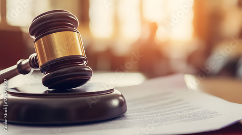 Close-up of a gavel resting on legal documents, symbolizing intellectual property disputes and legal proceedings in a courtroom setting.