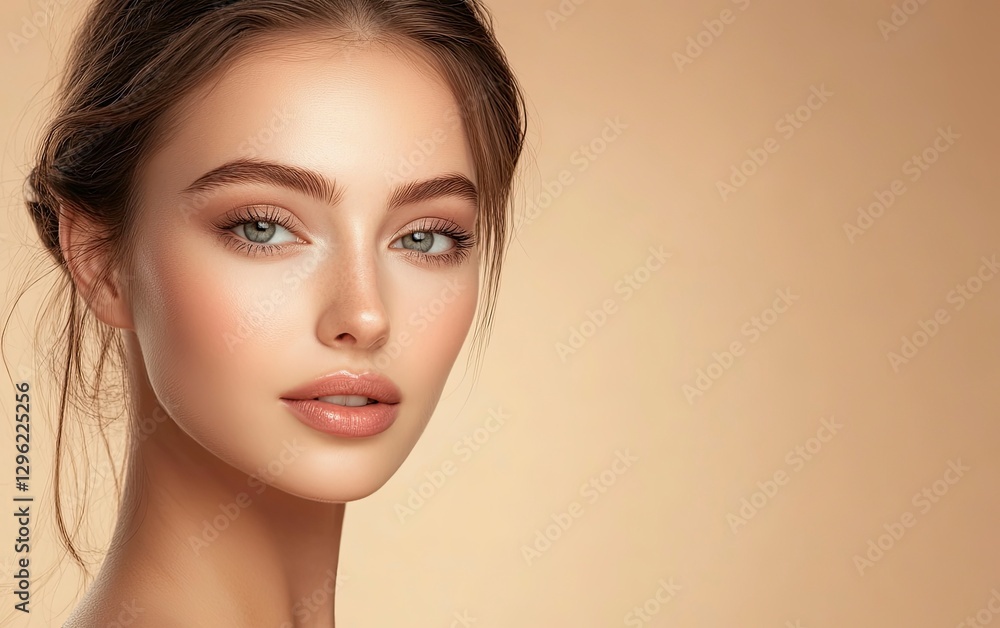 Fototapeta premium Beautiful woman with flawless skin, against a beige background. Beauty portrait of a young, beautiful model close up on her face and shoulders. 