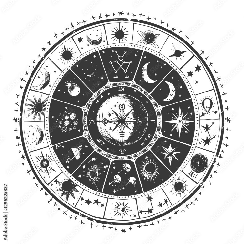 Hand Drawn Celestial Compass With Sun Moon And Stars Hand Drawn Celestial Compass With Sun Moon And Stars