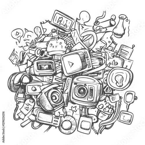 Hand Drawn Doodle Illustration Of Cameras And Technology