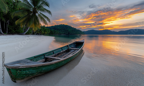 Fototapeta Naklejka Na Ścianę i Meble -  Serene Sunset on Tropical Beach: A weathered wooden boat rests gently on a pristine white sand beach, the tranquil waters reflecting a breathtaking sunset over a tropical island paradise.
