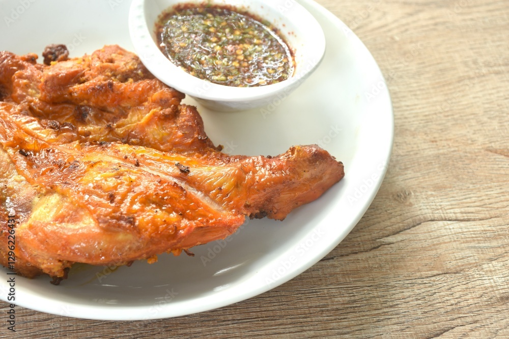 grilled chicken tight stabbing wooden stick on plate dipping with spicy sauce grilled chicken tight stabbing wooden stick on plate dipping with spicy sauce