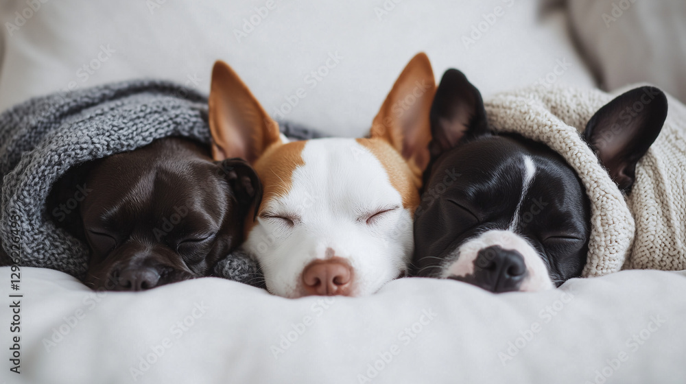 Three Dogs Snuggling in Blankets: A heartwarming scene of three adorable dogs snuggled together under cozy blankets, showcasing the bond and comfort of companionship. Three Dogs Snuggling in Blankets: A heartwarming scene of three adorable dogs snuggled together under cozy blankets, showcasing the bond and comfort of companionship.