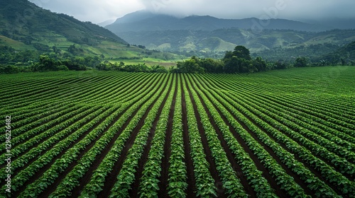 Lush Holographic AI Powered Cocoa Plantation Nestled in Verdant Hillside Landscape with Rolling Hills and Mountains in the Distance  Sustainable and Eco Friendly Agricultural Cultivation