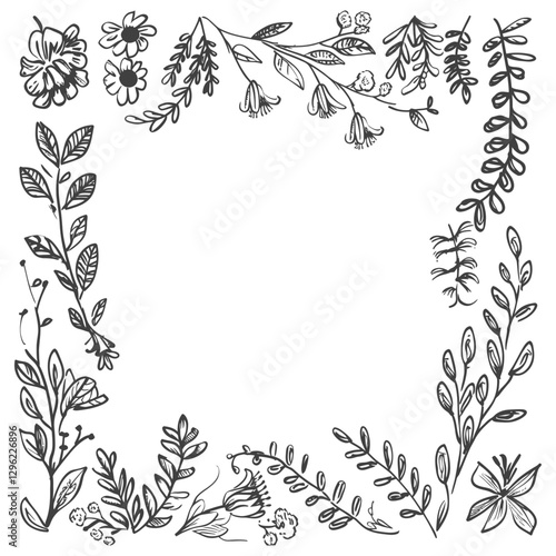 Hand Drawn Floral Border With Delicate Flowers And Leaves