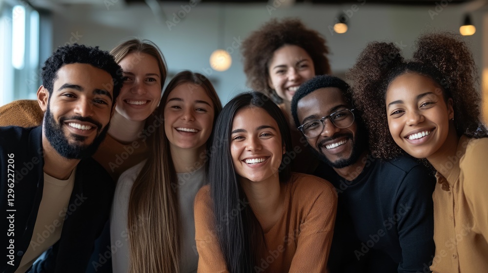 Obraz premium Multiethnic team posing for a photo with smiles in a dynamic workplace setting 