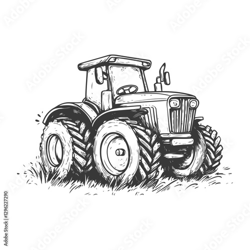 Hand Drawn Illustration Of A Black And White Tractor