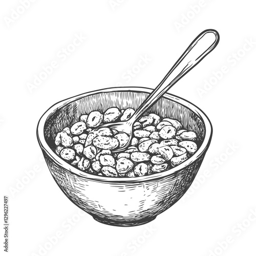 Hand Drawn Illustration Of A Bowl Of Cereal With A Spoon