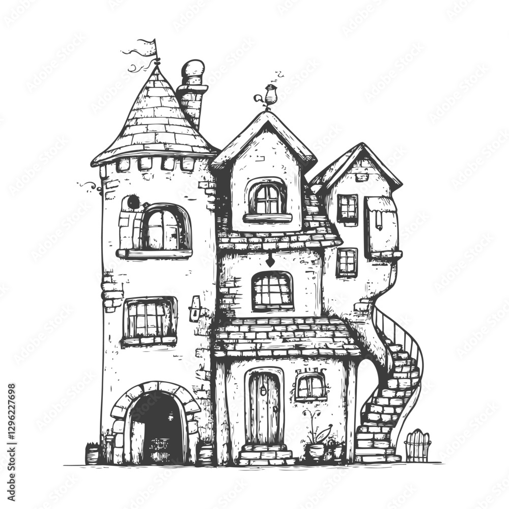 Hand Drawn Illustration Of A Charming Old Stone House With A Tower And Spiral Staircase Hand Drawn Illustration Of A Charming Old Stone House With A Tower And Spiral Staircase