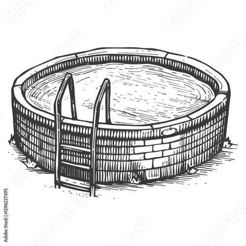 Hand Drawn Illustration Of A Circular Brick Pool With Ladder