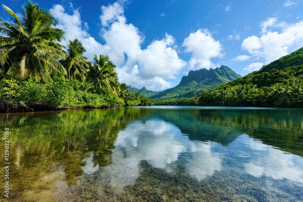 Hidden jungle lagoon surrounded by dense tropical plants, crystal-clear water reflecting the lush greenery Hidden jungle lagoon surrounded by dense tropical plants, crystal-clear water reflecting the lush greenery