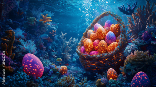 Wallpaper Mural Easter eggs in a basket surrounded by vibrant coral, with soft sunlight shining down from above under the sea Torontodigital.ca