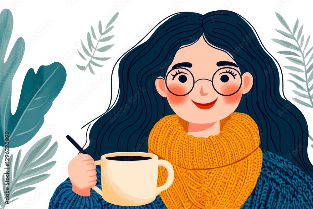 a 2D cartoon illustration of a woman knitting a scarf at home, calm and cozy, white background