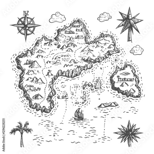 Hand Drawn Illustration Of A Detailed Treasure Island Map With A Compass Stars And A Palm Tree
