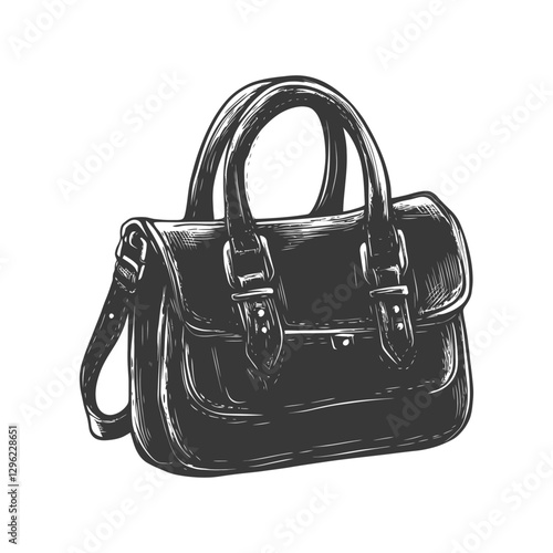 Hand Drawn Illustration Of A Leather Handbag With Buckles