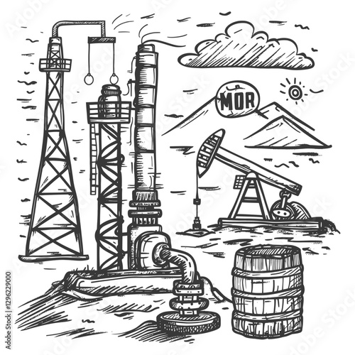 Hand Drawn Illustration Of An Oil Refinery With Pumpjacks A Storage Tank And Barrels