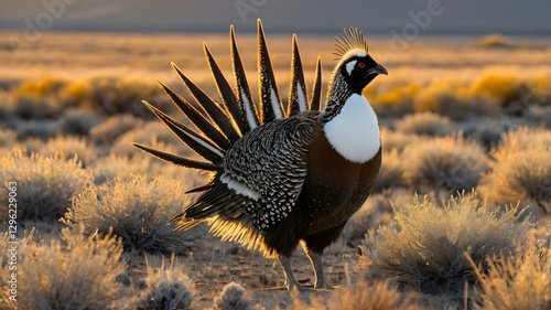 Majestic Greater Sage-Grouse Standing Tall in the Golden Light of Sunrise Over Sagebrush Plains
