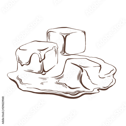 Melting caramel cubes in black and white vector illustration for food packaging,dessert branding or culinary.A versatile design element blending texture and minimalism for creative applications