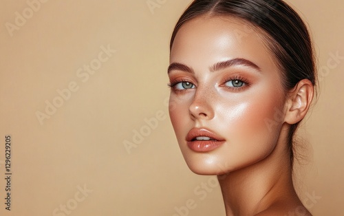 Beautiful woman with flawless skin, against a beige background. Beauty portrait of a young, beautiful model close up on her face and shoulders. 