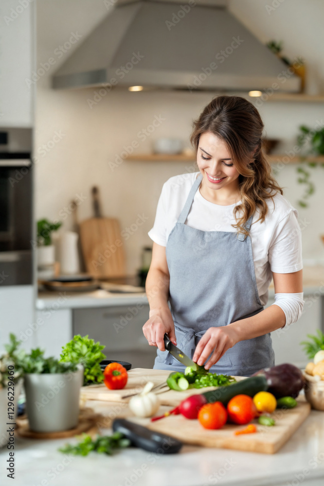 Happy woman preparing food in a stylish kitchen. Happy woman preparing food in a stylish kitchen.