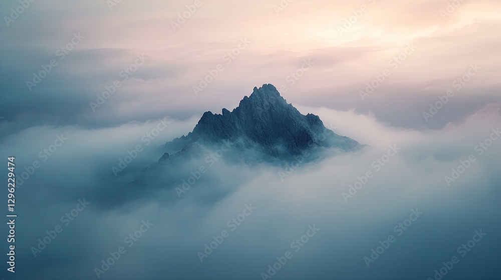 A lone rocky peak rising above rolling fog, surrounded by soft, atmospheric light. A lone rocky peak rising above rolling fog, surrounded by soft, atmospheric light.
