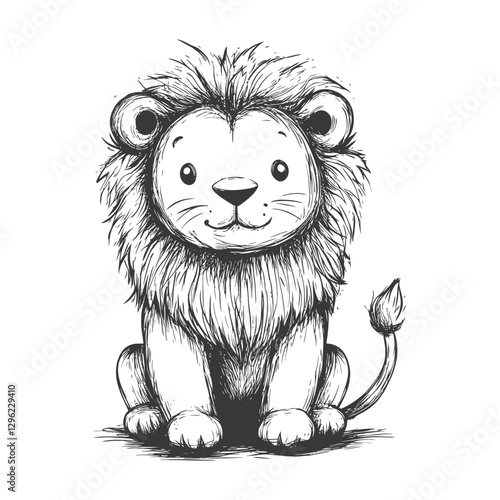 Hand Drawn Illustration Of A Sitting Lion Cub With A Fluffy Mane And A Tail