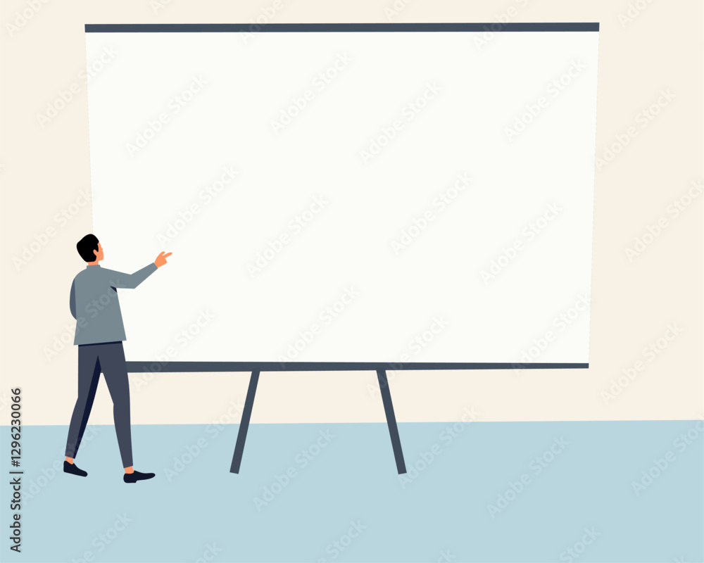business presentation scene featuring a man pointing at a blank projector screen. Perfect for corporate training, marketing, education, and seminar illustrations business presentation scene featuring a man pointing at a blank projector screen. Perfect for corporate training, marketing, education, and seminar illustrations