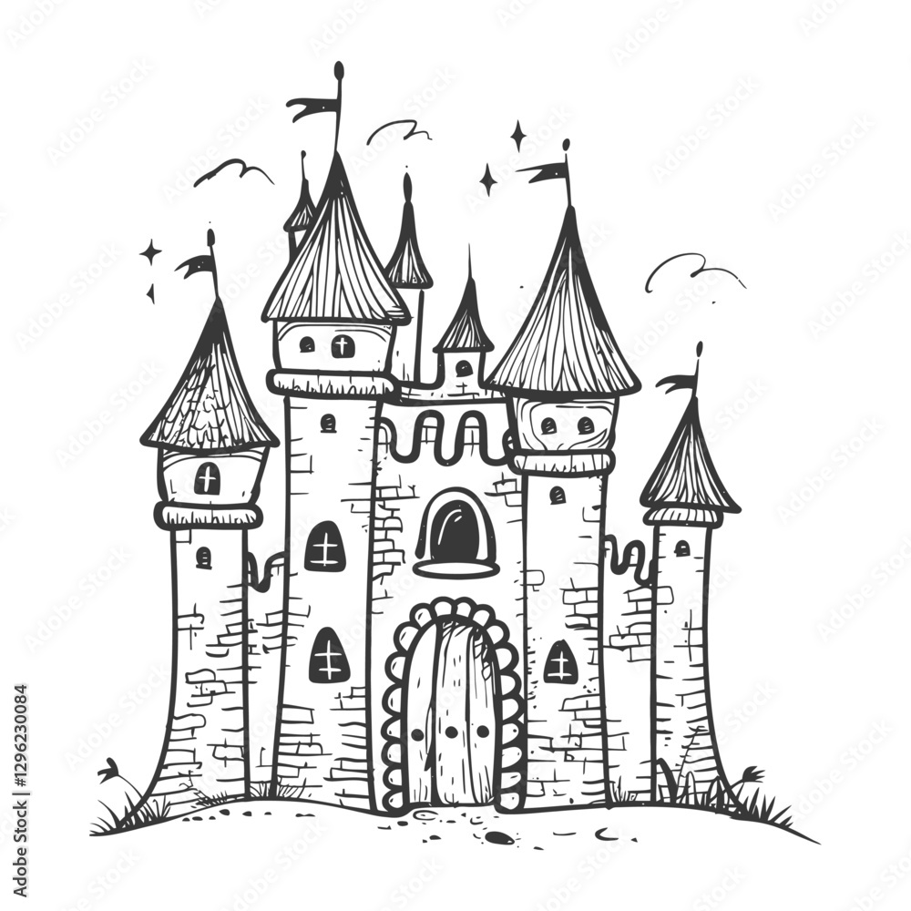 Obraz premium Hand Drawn Illustration Of A Stone Castle With Multiple Towers And Flags