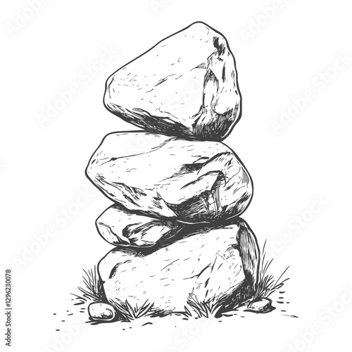 Hand Drawn Illustration Of A Stack Of Rocks In Grass