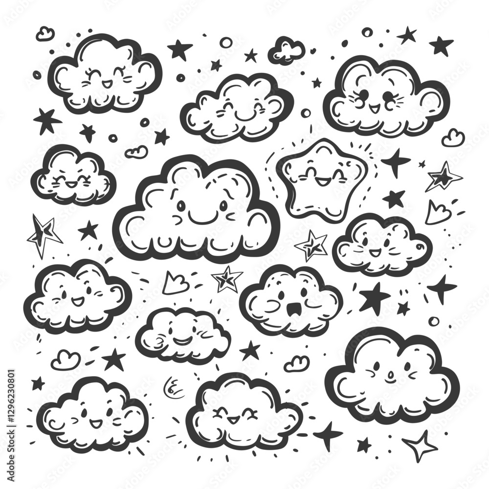 Hand Drawn Illustration Of Cute Smiling Clouds And Stars Hand Drawn Illustration Of Cute Smiling Clouds And Stars