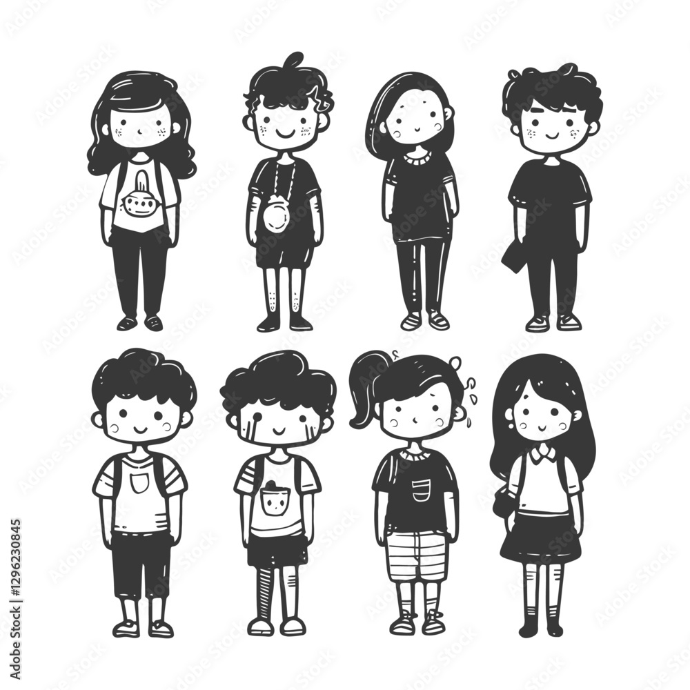 Hand Drawn Illustration Of Eight Cartoon Children In Casual Clothing Hand Drawn Illustration Of Eight Cartoon Children In Casual Clothing