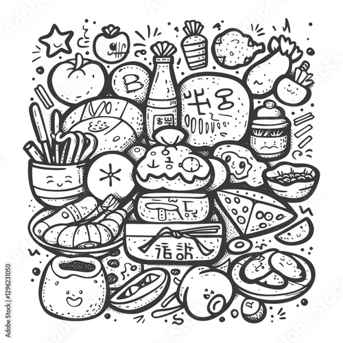 Wallpaper Mural Hand Drawn Illustration Of Japanese Cuisine With Cute Characters Torontodigital.ca