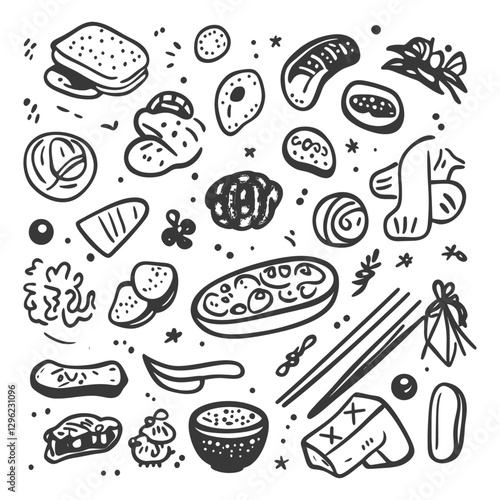 Hand Drawn Illustration Of Japanese Food With Chopsticks And Other Elements