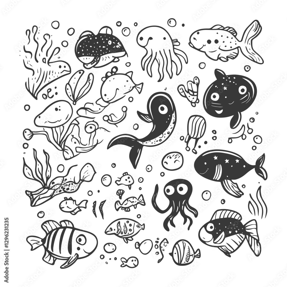 Naklejka premium Hand Drawn Illustration Of Sea Creatures And Seaweed