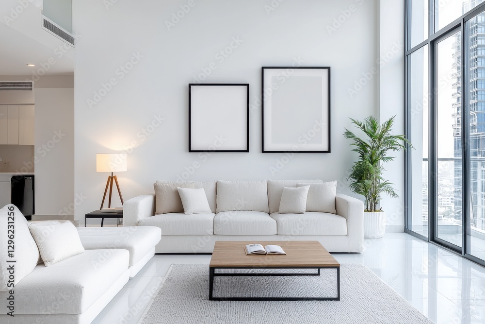Fototapeta premium Luxurious modern penthouse with an open concept glass wall interior design featuring elegant and contemporary furniture natural lighting and a cozy yet sophisticated ambiance