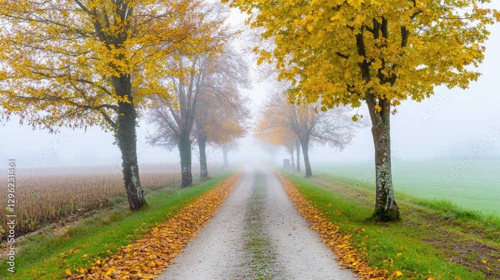 A quiet country lane disappearing into thick fog, flanked by autumn trees with golden leaves. A quiet country lane disappearing into thick fog, flanked by autumn trees with golden leaves.