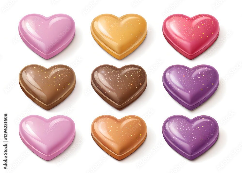 Colorful heart-shaped candies are arranged in a 3x3 grid pattern Colorful heart-shaped candies are arranged in a 3x3 grid pattern