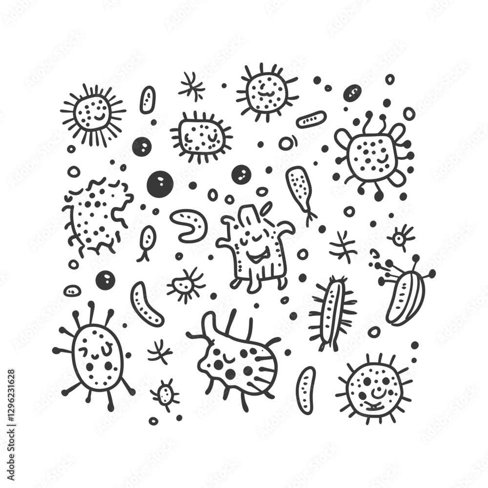Hand Drawn Illustration Of Various Bacteria And Microbes With Smiling Faces
