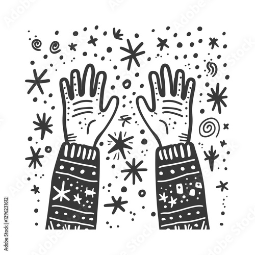 Hand Drawn Illustration Of Two Hands Reaching Up To Catch Falling Stars