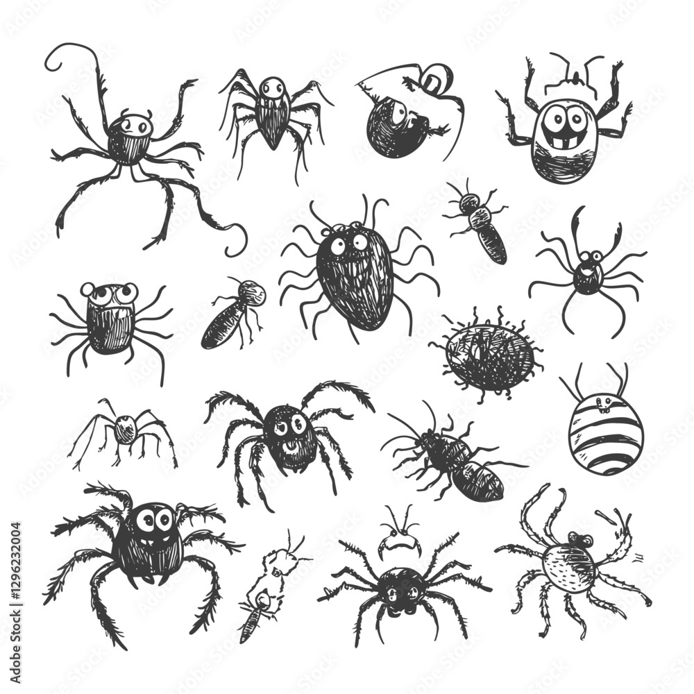 Hand Drawn Illustration Of Various Spiders And Insects Hand Drawn Illustration Of Various Spiders And Insects