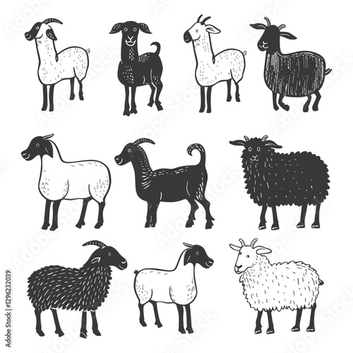 Hand Drawn Illustrations Of Black And White Goats In Various Poses