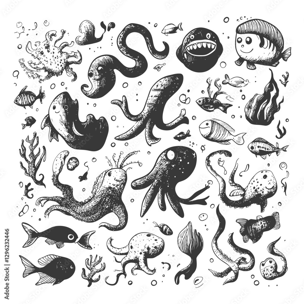 Hand Drawn Illustrations Of Various Sea Creatures And Plants Hand Drawn Illustrations Of Various Sea Creatures And Plants
