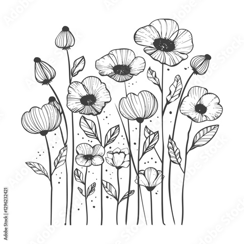 Hand Drawn Line Art Illustration Of Delicate Wildflowers With Stems And Leaves