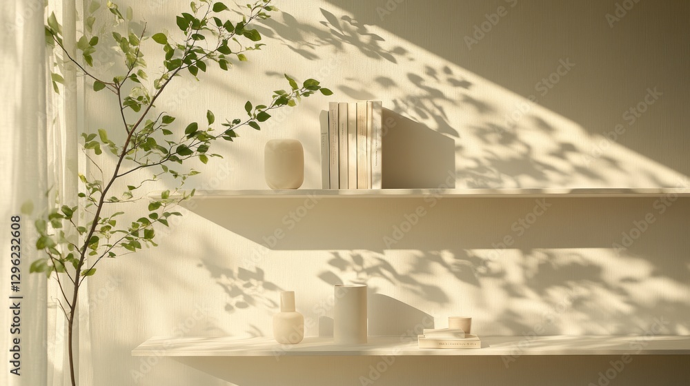 Fototapeta premium Sunlight Illuminating Minimalist Interior with Greenery and Neutral Decor