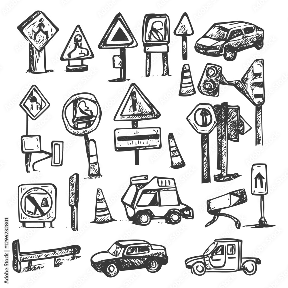 Obraz premium Hand Drawn Sketches Of Road Signs Traffic Lights Cars And Cones