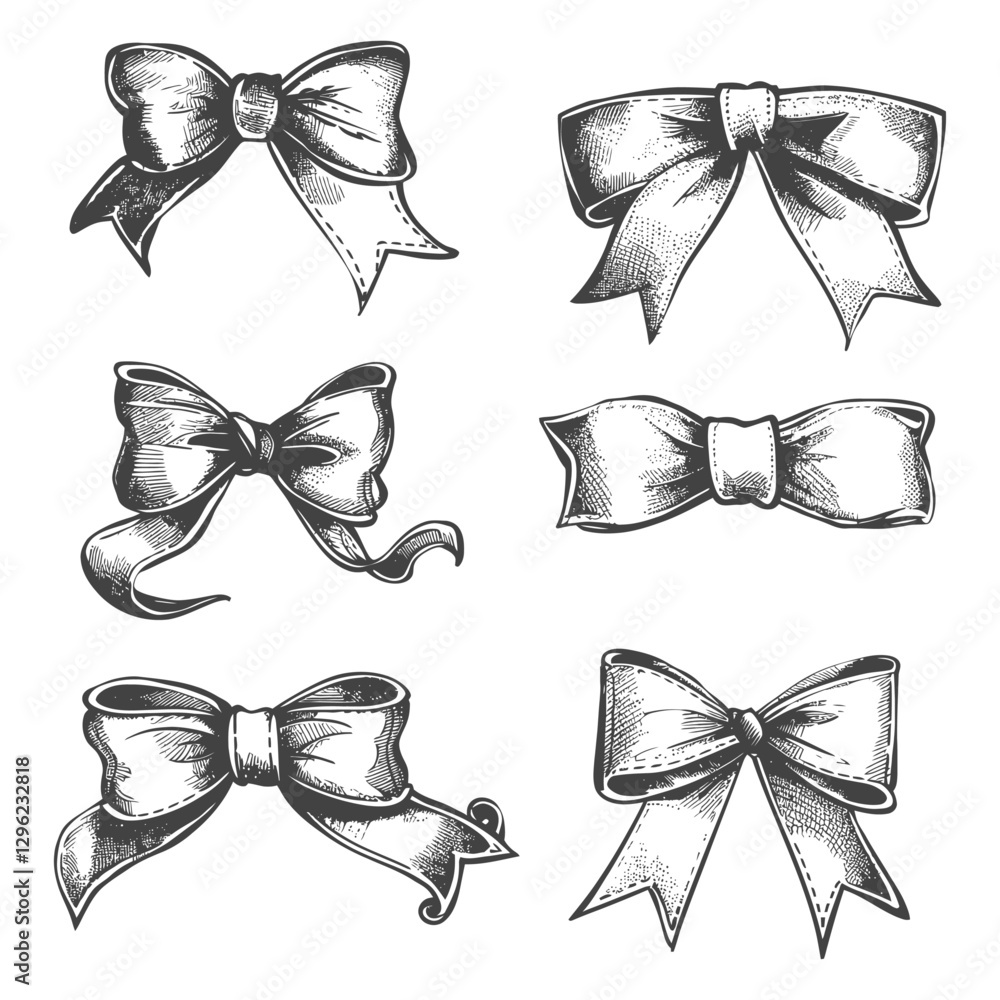 Hand Drawn Sketches Of Six Different Ribbon Bows With Tail Variations