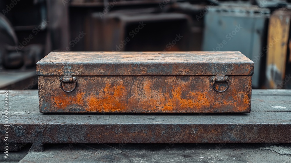 A rusty, industrial steel box with clear rust streaks and a rough, aged appearance.