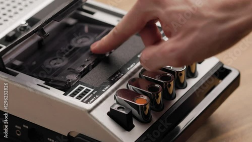Person inserting a compact cassette into a vintage tape recorder