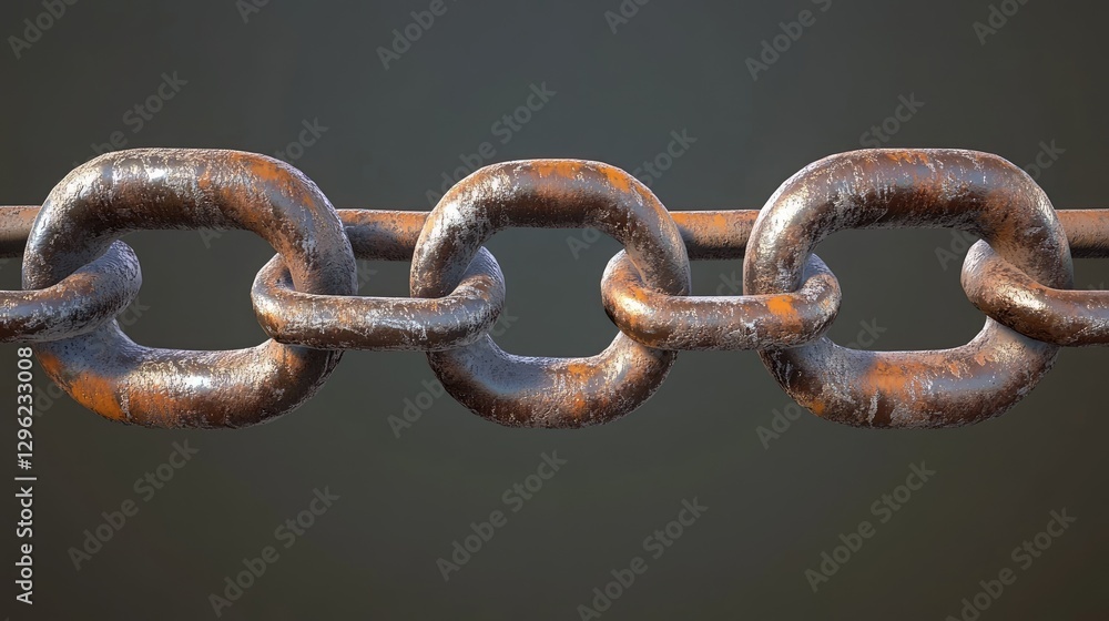 Fototapeta premium A rusty iron chain with deep oxidation, featuring strong orange rust highlights.