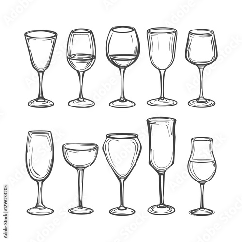 Hand Drawn Sketches Of Various Wine Glasses Empty And Full